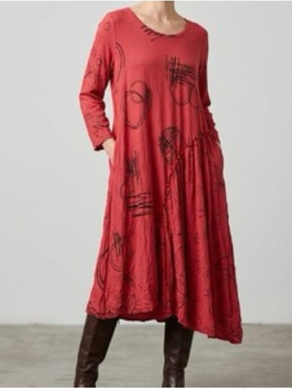 Chalet et Ceci Asymmetrical Midi Dress Crinkle Red Artsy Boho Lagenlook Medium